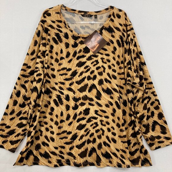 New IMAN size 3X Brown Leopard Print Stretch Knit Long Sleeve Blouse Comfy - Picture 1 of 11